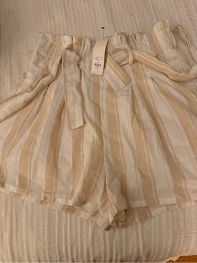 Francesca's Collections Beige and White Striped Paperbag Waist Shorts